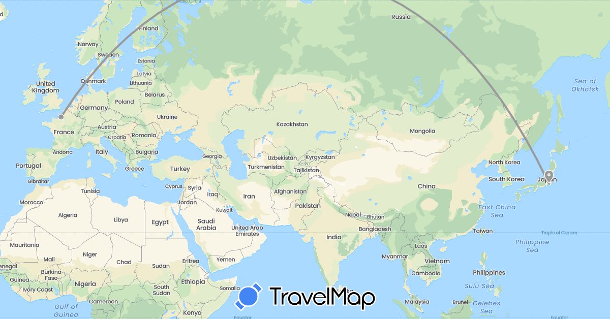 TravelMap itinerary: driving, plane in France, Japan (Asia, Europe)